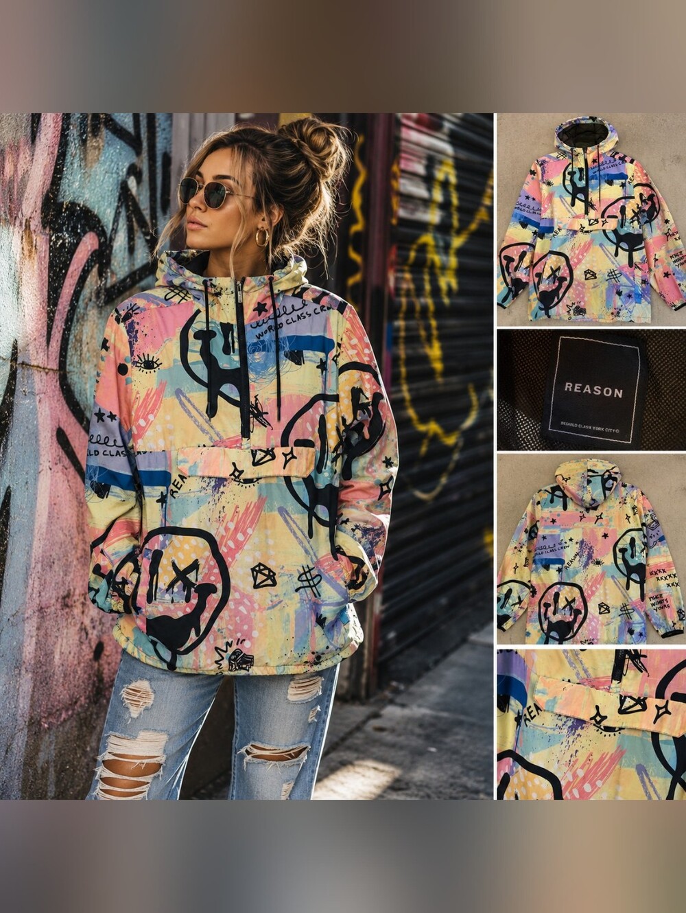 Reason Graffiti Hooded Anorak Windbreaker Jacket Festival Streetwear Size L